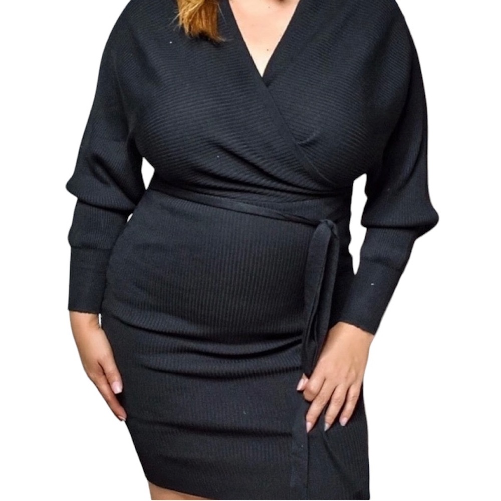 Black Deep Plunge V-Neck BodyCon Sweater Dress  NWT 2X